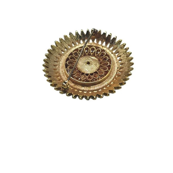 Clear Rhinestone Red Glass Stone Textured Flower Dome Brooch Pin Vintage - Picture 4 of 5